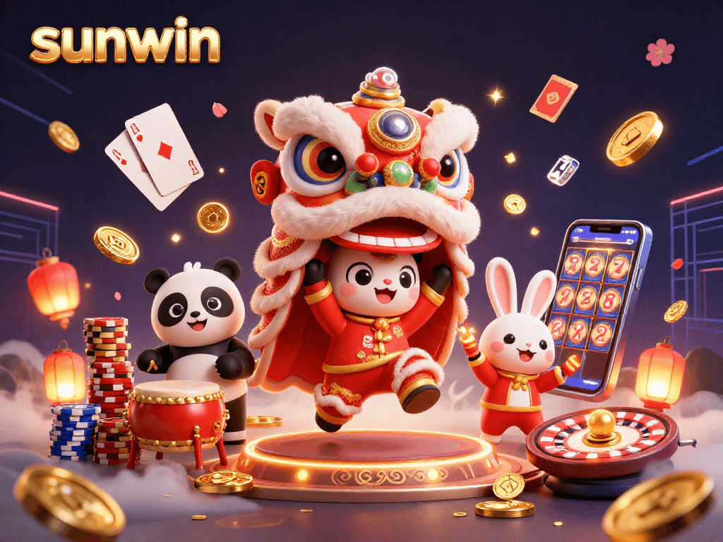 Experience the excitement of sunwin's vibrant casino scene with animated festivities and casino elements.