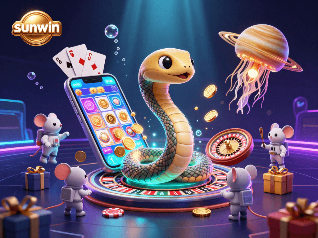 Experience thrilling bets with sunwin's unique 3D casino scene featuring cosmic characters and vibrant gaming elements.