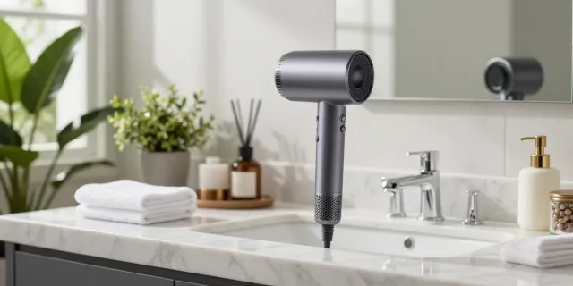 Moderner ionen föhn auf marmoriertem Waschbecken mit luxuriösem Badezimmerzubehör.