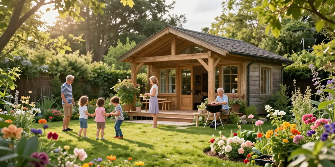 Garten Haus im idyllischen Garten mit blühenden Pflanzen und spielenden Kindern.