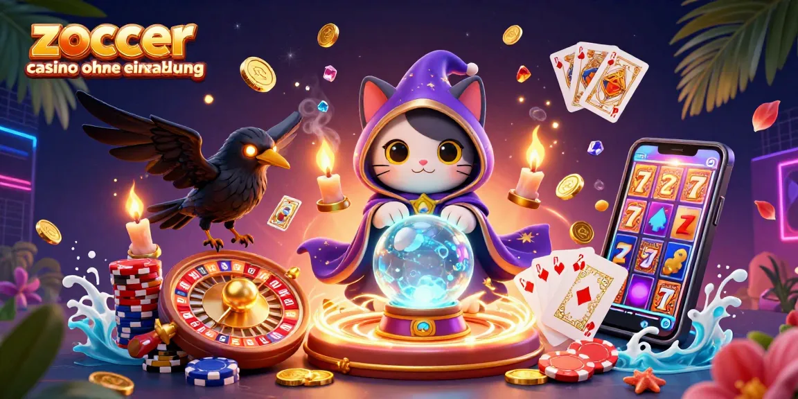 Zoccer casino ohne einzahlung showcases a mystical cat, a tarot raven, and dynamic casino elements for an enchanting gaming experience.