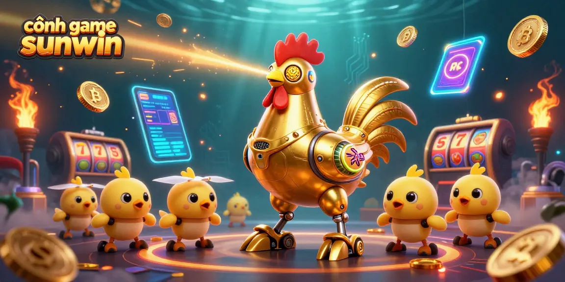 Engage with cổng game sunwin featuring an energetic scene of a golden rooster robot and chicks in a vibrant casino.