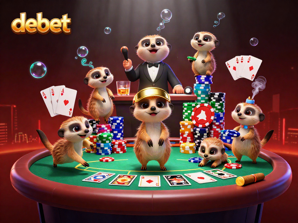 Engage in the debet experience with meerkats managing a vibrant casino scene filled with poker elements.