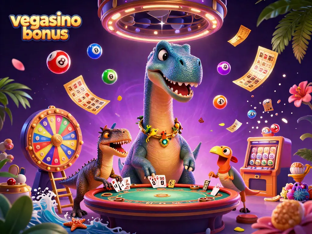 Play with the vegasino bonus amid vibrant casino elements in this colorful scene.