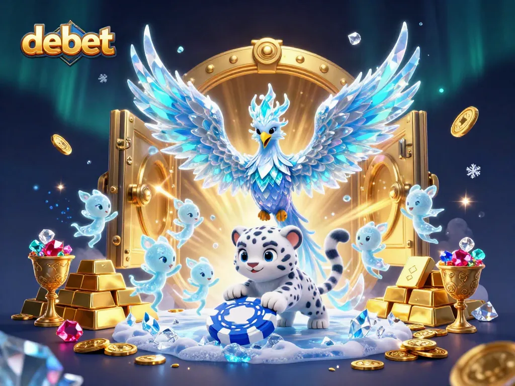 Engage in thrilling gaming adventures with debet's dazzling 3D casino illustration showcasing an ice phoenix and a snow leopard cub.
