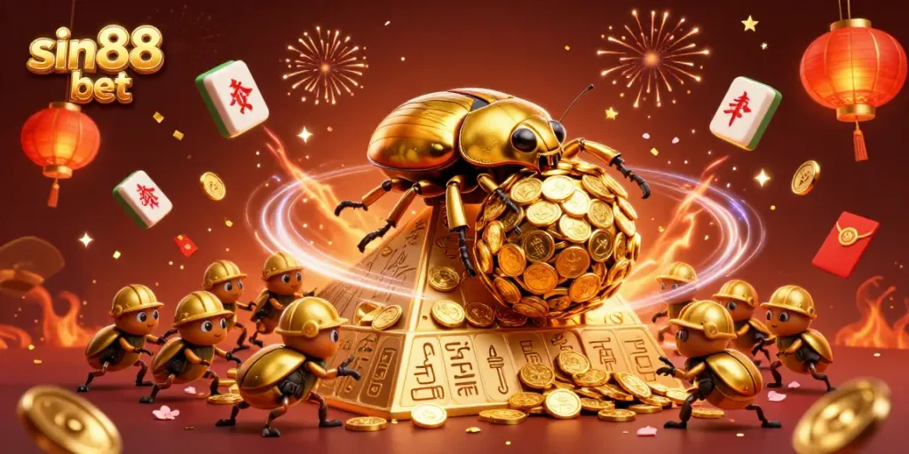 Engage in thrilling sin88 bet gameplay with a golden beetle rolling coins in a vibrant casino scene.