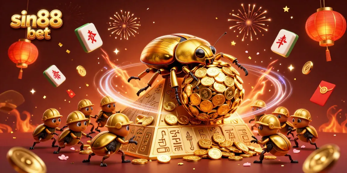 Engage in thrilling sin88 bet gameplay with a golden beetle rolling coins in a vibrant casino scene.
