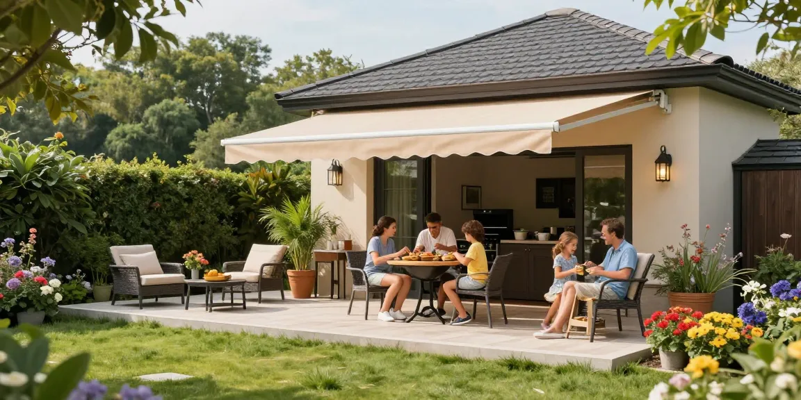 Elegante Terrassenüberdachung freistehend in einem einladenden Garten mit Familie beim Grillen.