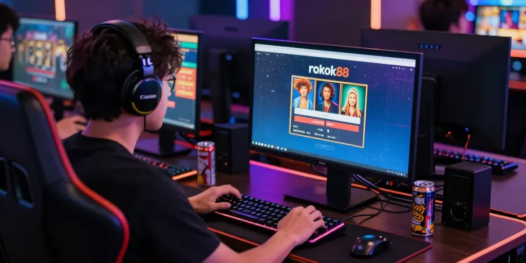 Gaming enthusiast focused on rokok88 slot login on computer, vibrant gaming setup and community atmosphere.