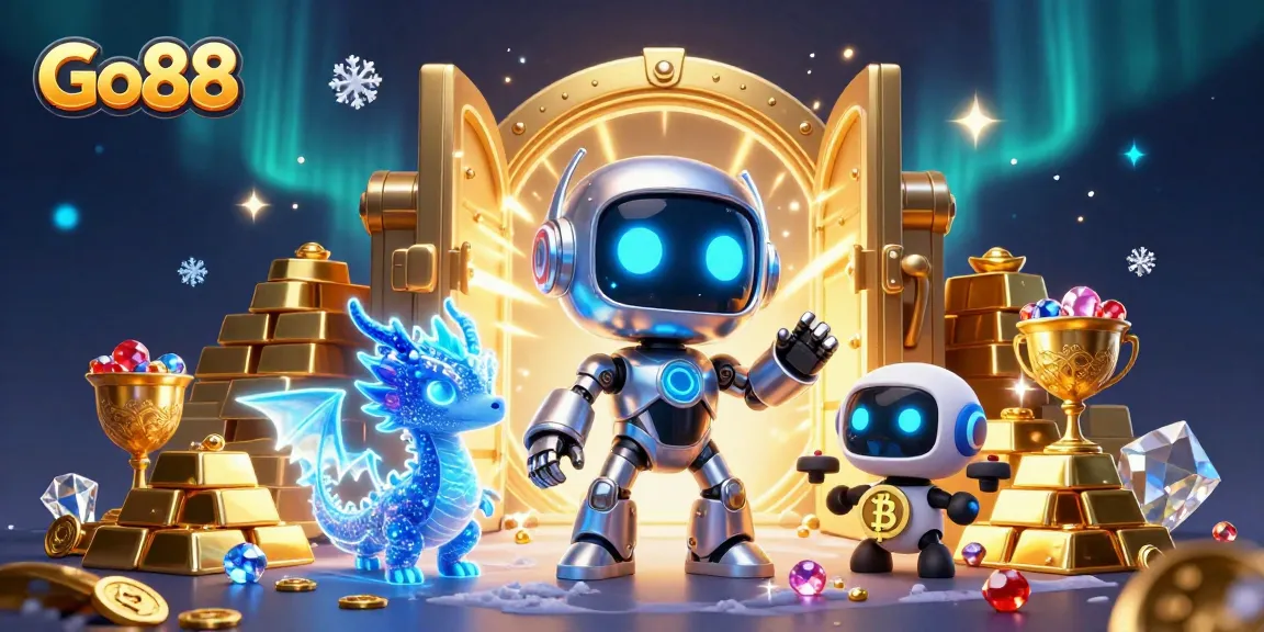 Experience the thrill of Go88 with a vibrant illustration showcasing a cyberpunk robot and AI dragon in a treasure-filled setting.