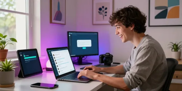 Engaging ai chat porn scene with user interacting on laptop in a cozy home office setup.