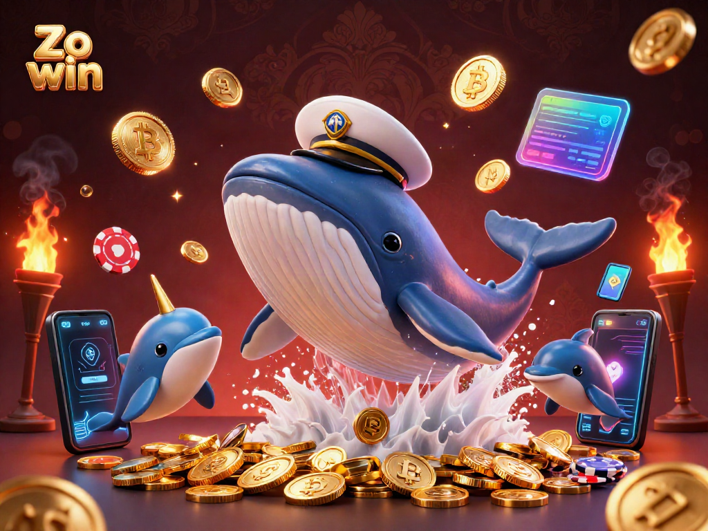 Engage with thrilling gameplay at Zo win, featuring a captivating scene with a whale, dolphins, and crypto elements.