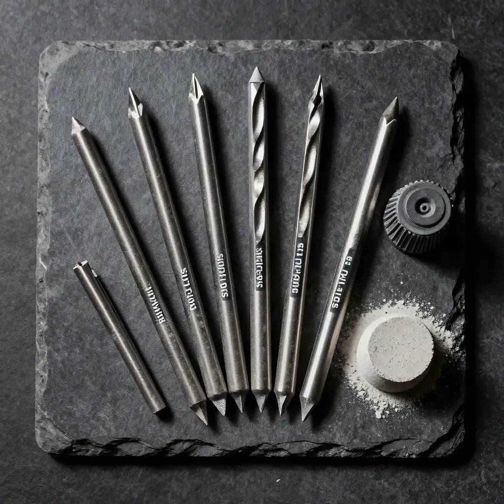 Acht SDS-Plus Bohrer, Kappe und Dübel auf dunklem Stein im präzisen Flatlay.