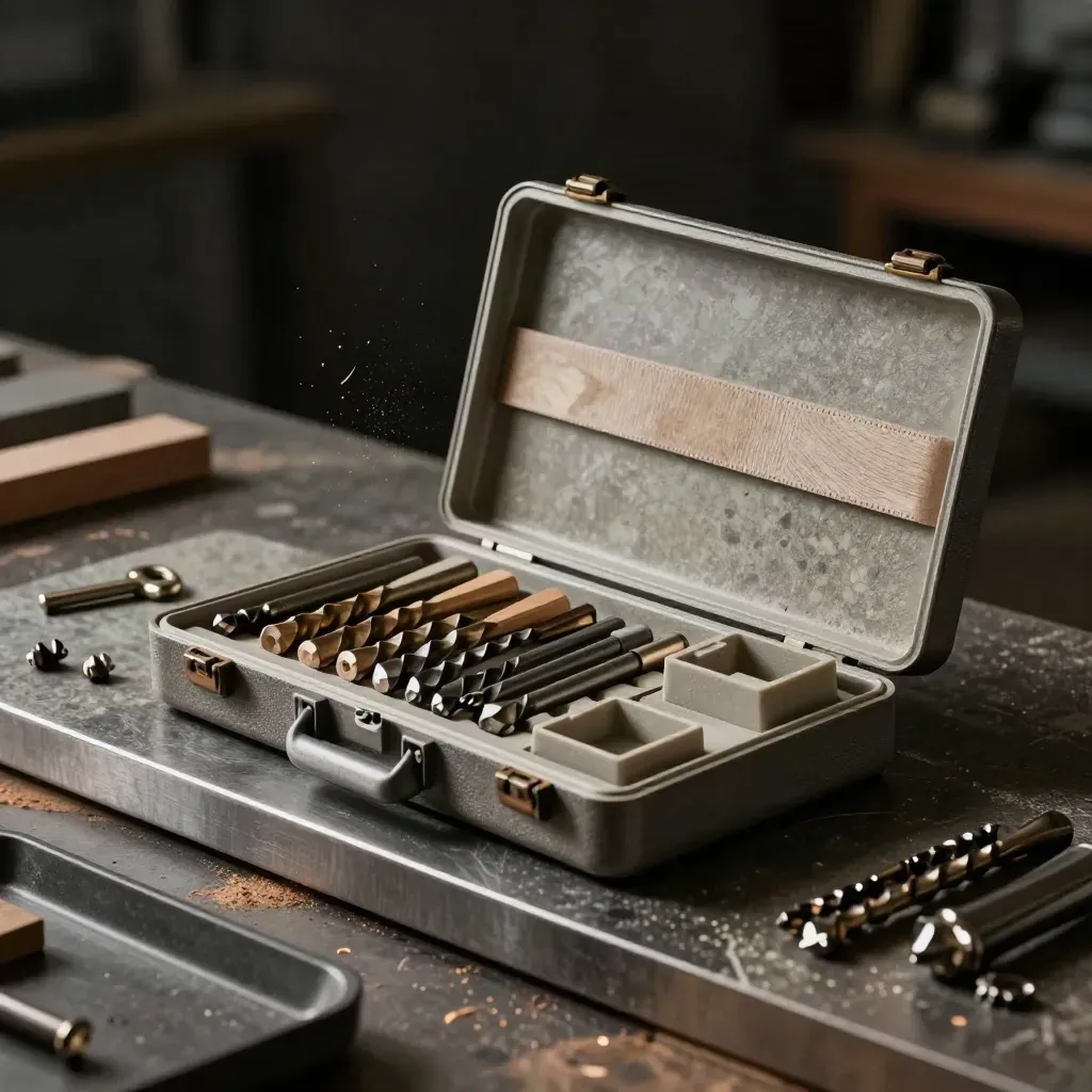 Geöffnetes Bohrer- und Bit-Set auf Steinplatte mit Staub und Holzspänen im dunklen Studio.