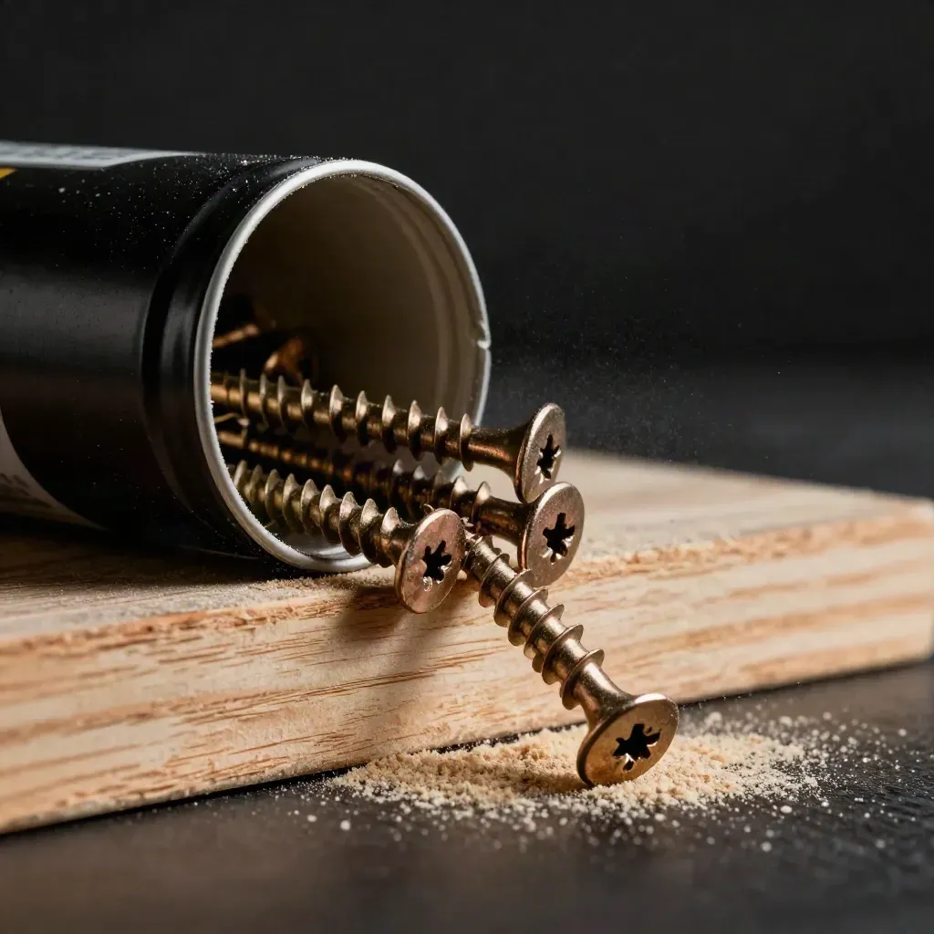 Offene Schraubenschachtel mit Holzschrauben auf hellem Holz, dramatisch beleuchtet