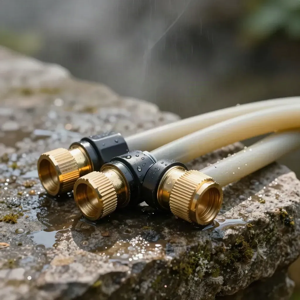 Gartenschlauch-Kupplungsset aus Messing auf nasser Steinfläche mit Wassertropfen