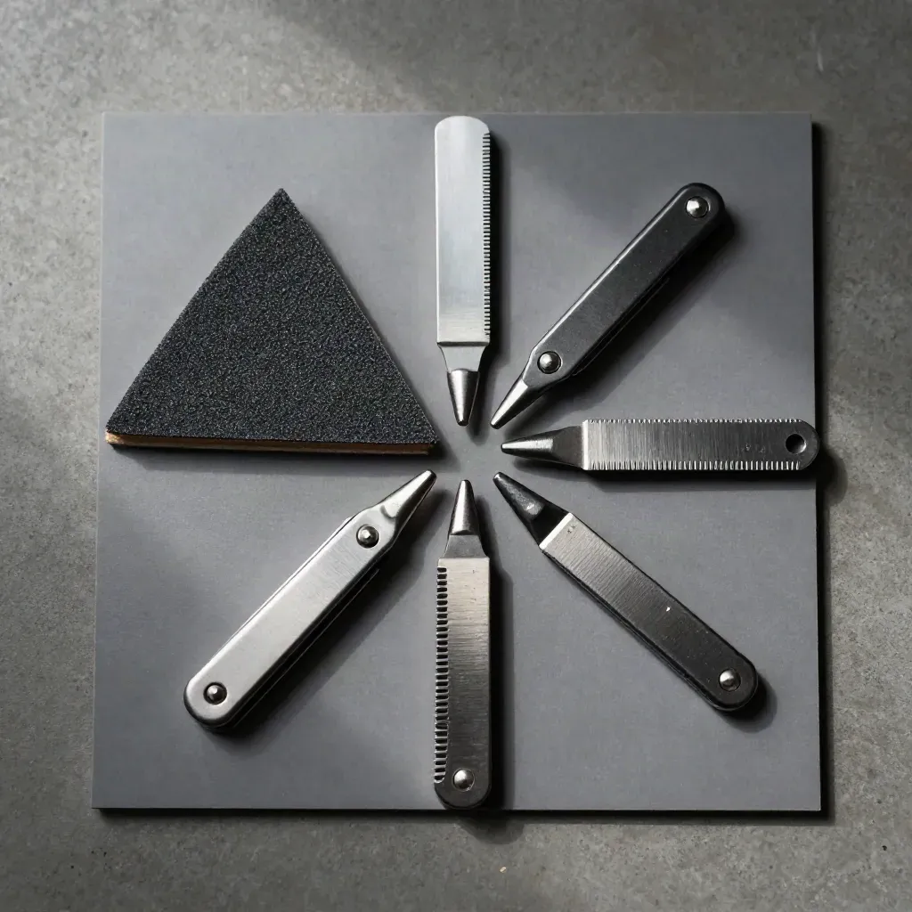 Fünf Multitool-Aufsätze fächerförmig auf Beton, mit Schleifpad und Schaber.