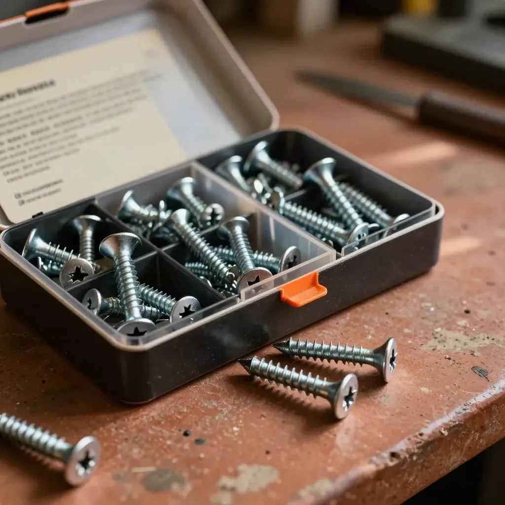 Offene Sortimentsbox mit Torx-Schrauben auf terrakottafarbener Werkbank, mit wenigen losen Schrauben.