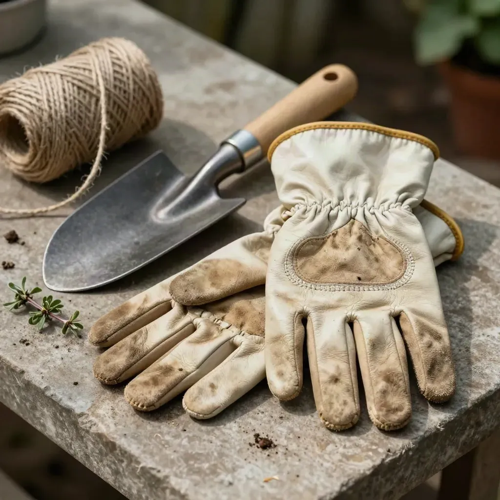 Leder-Gartenhandschuhe neben Pflanzkelle und Jutegarn auf hellem Steinuntergrund