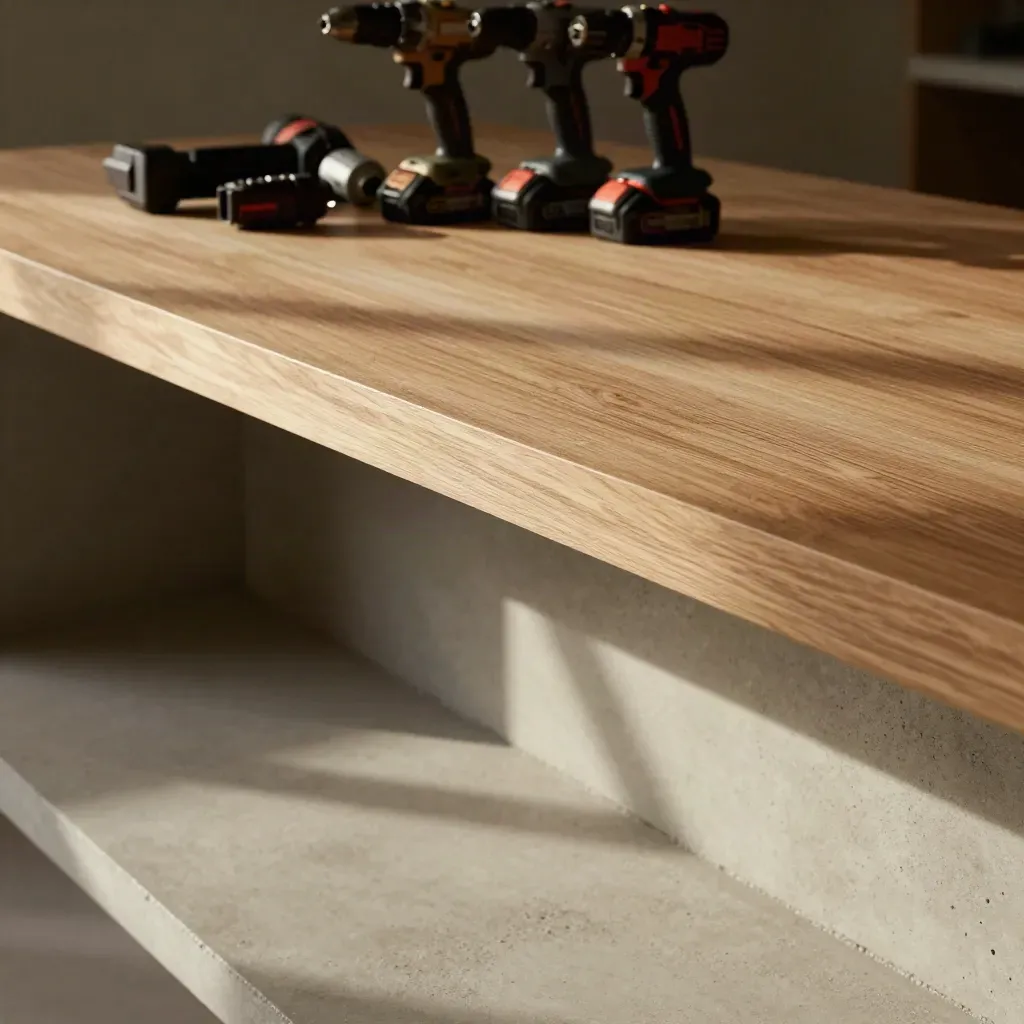 Helle Betonwerkbank mit Eichenregal und unscharfen Akku-Werkzeugen im Morgenlicht.