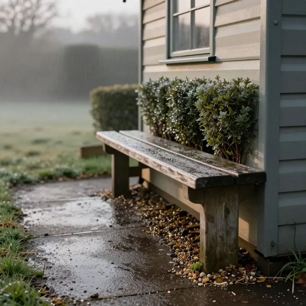 Nasse Kiesfläche am Gartenhaus mit Holzbank, Hecken und leichtem Abendnebel