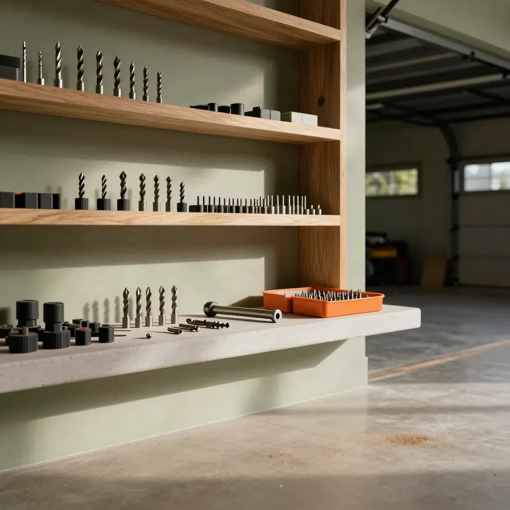 Werkstatt mit Bohrern und Bits auf Regal, warmes Licht und viel freie Fläche.