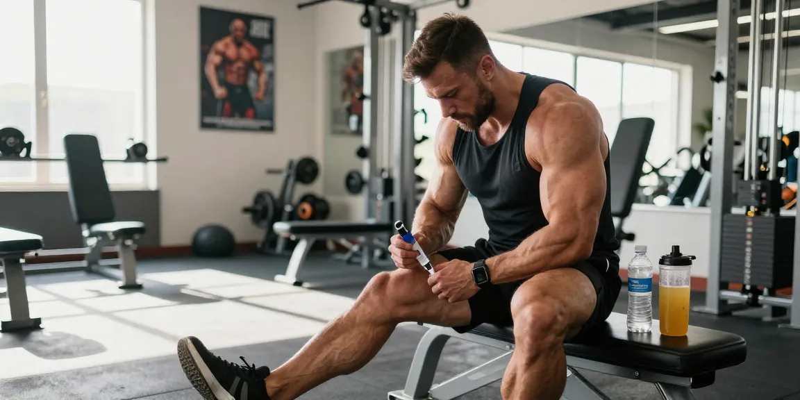 Ein Bodybuilder im Anabolika Shop spritzt sich Steroide für den Muskelaufbau im Fitnessstudio.