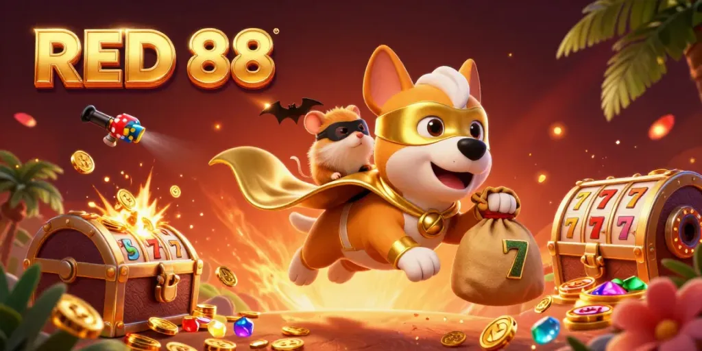 Experience thrilling gameplay with RED 88 as a superhero dog carries gold coins and poker elements.