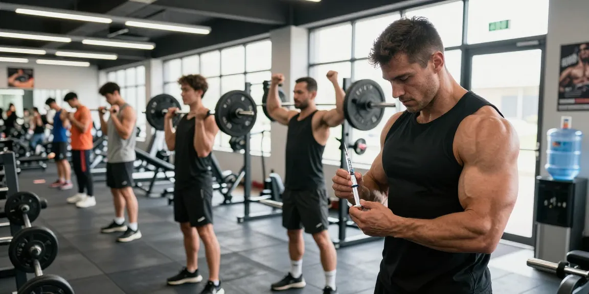 Bodybuilder im Anabolika Shop beim Injizieren, Fitnessstudio mit motivierender Atmosphäre
