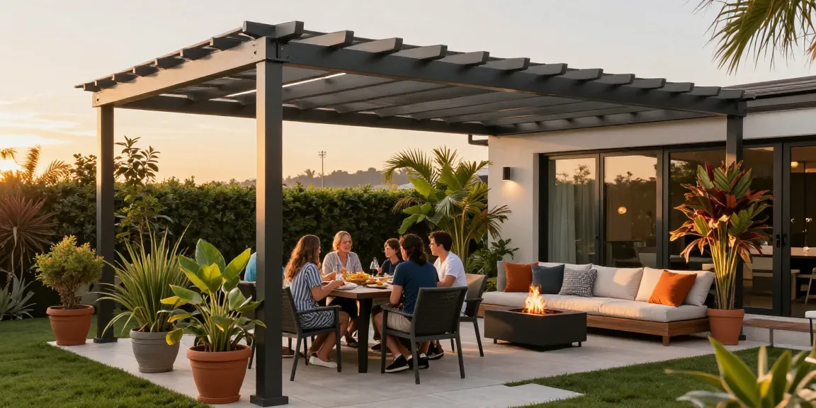 Moderne Terrassenüberdachung aus Aluminium mit Familie beim Essen im Garten.