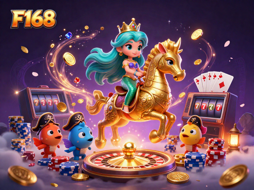Experience thrilling gaming action at F168, featuring vibrant characters and casino elements.