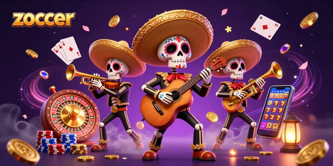 Spin to win with zoccer, featuring vibrant mariachi skeletons surrounded by casino elements.