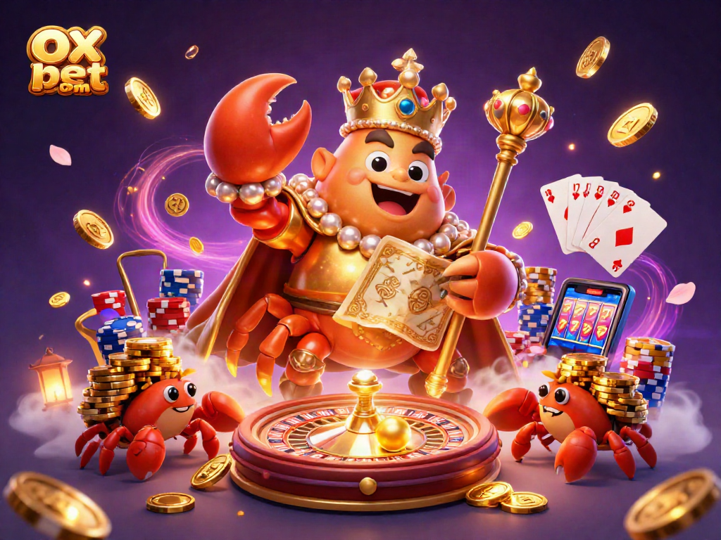 Experience fun gaming action at ox bet com with a golden crab emperor and vibrant casino elements.