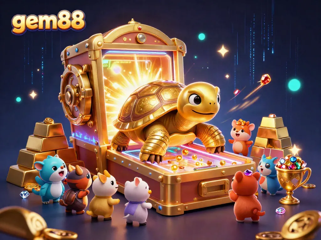 Experience exhilarating gaming at gem88 with a vibrant treasure-filled casino illustration.