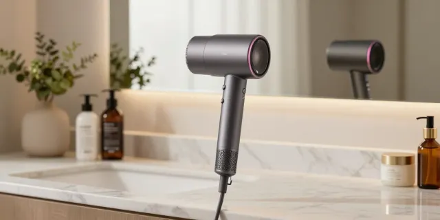 Der Haartrockner Testsieger Stiftung Warentest auf einem eleganten Badezimmerwaschtisch mit stilvollen Haarpflegeprodukten.