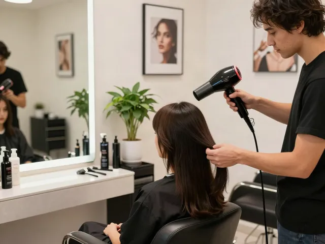 Professionelle Haarstylistin verwendet einen Ionenföhn in einem modernen Salon.