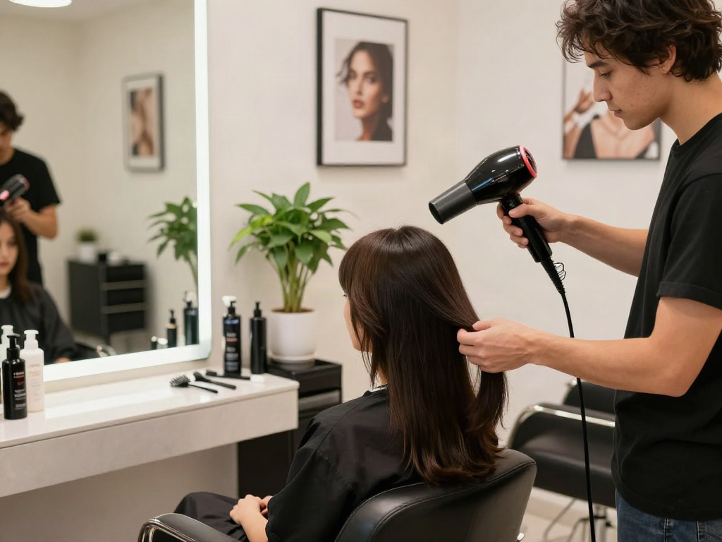 Professionelle Haarstylistin verwendet einen Ionenföhn in einem modernen Salon.