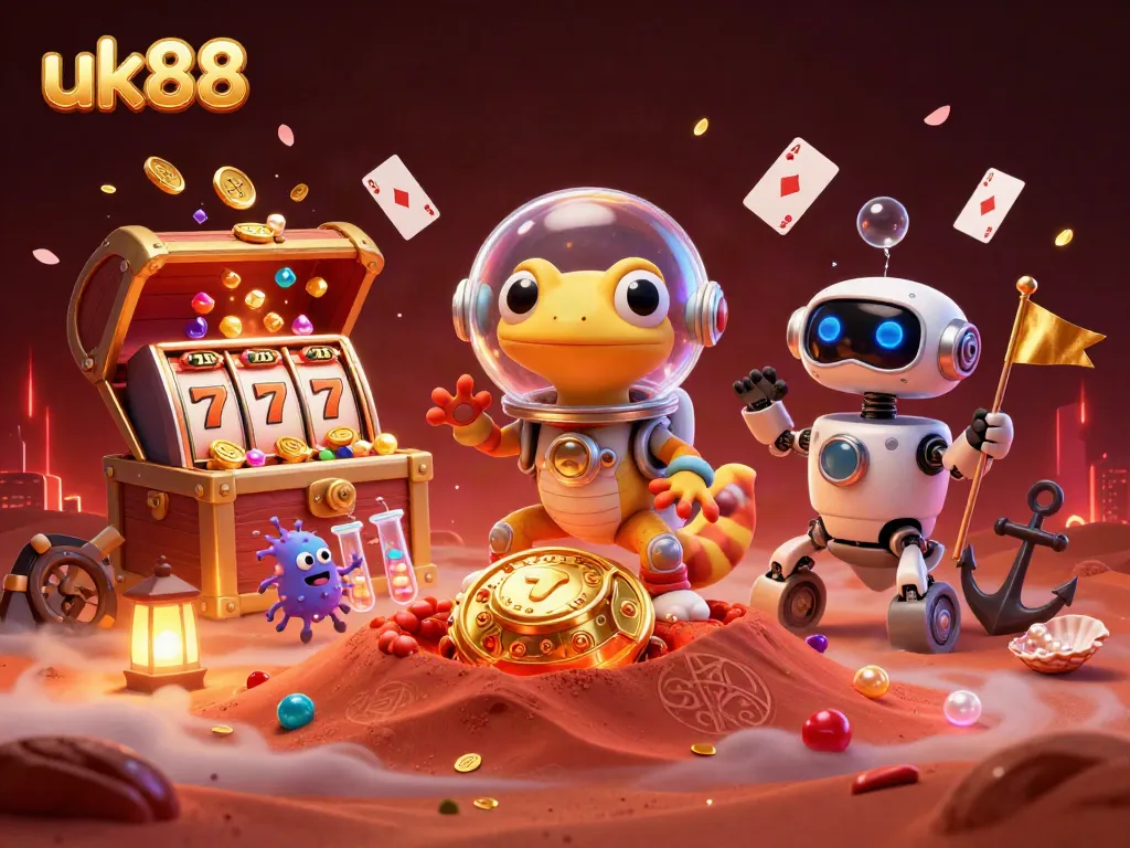 Experience the thrill of winning jackpots at uk88 with Martian gecko exploring a vibrant cosmic casino.