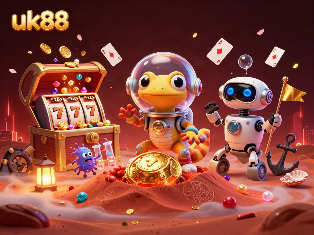 Experience the thrill of winning jackpots at uk88 with Martian gecko exploring a vibrant cosmic casino.