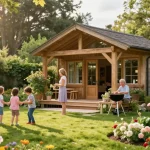 Garten Haus im idyllischen Garten mit blühenden Pflanzen und spielenden Kindern.