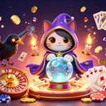 Zoccer casino ohne einzahlung showcases a mystical cat, a tarot raven, and dynamic casino elements for an enchanting gaming experience.