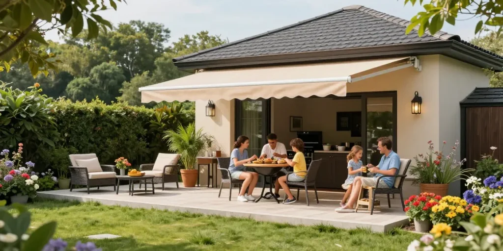 Elegante Terrassenüberdachung freistehend in einem einladenden Garten mit Familie beim Grillen.