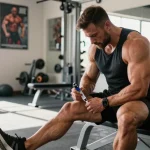 Ein Bodybuilder im Anabolika Shop spritzt sich Steroide für den Muskelaufbau im Fitnessstudio.