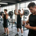 Bodybuilder im Anabolika Shop beim Injizieren, Fitnessstudio mit motivierender Atmosphäre
