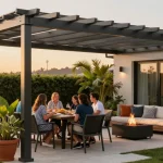 Moderne Terrassenüberdachung aus Aluminium mit Familie beim Essen im Garten.