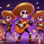 Spin to win with zoccer, featuring vibrant mariachi skeletons surrounded by casino elements.