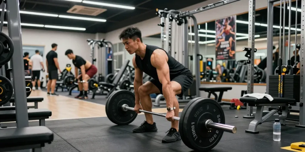 Kraftsportler im Fitnessstudio beim Heben von Utinon Steroiden für maximale Leistung.