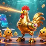 Engage with cổng game sunwin featuring an energetic scene of a golden rooster robot and chicks in a vibrant casino.